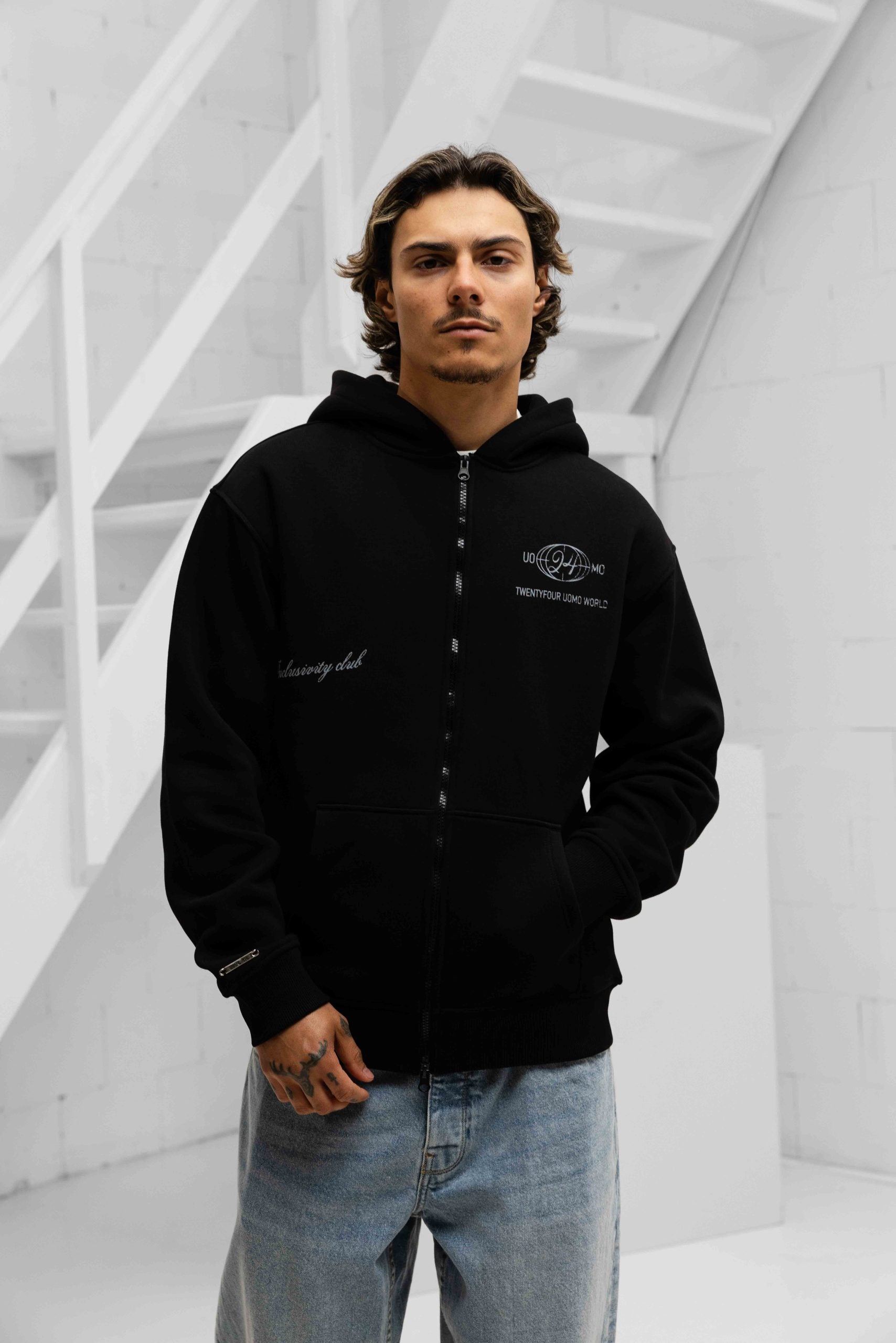 World Zipped Hoodie Heren Zwart
