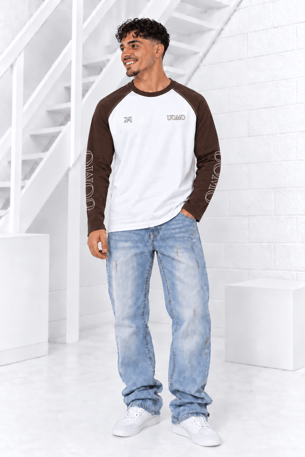 Colorblock Raglan Longsleeve Heren Wit/Bruin Pre-Order 20 Oktober