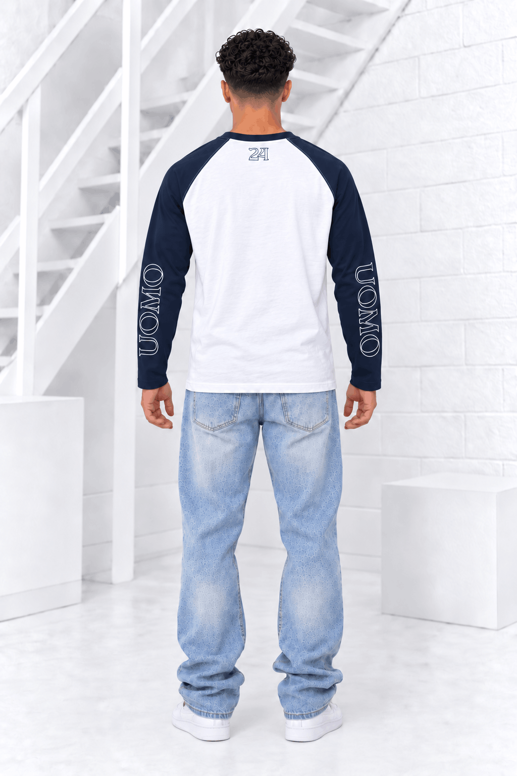 Colorblock Raglan Longsleeve Heren Wit/Donkerblauw Pre-Order 20 Oktober