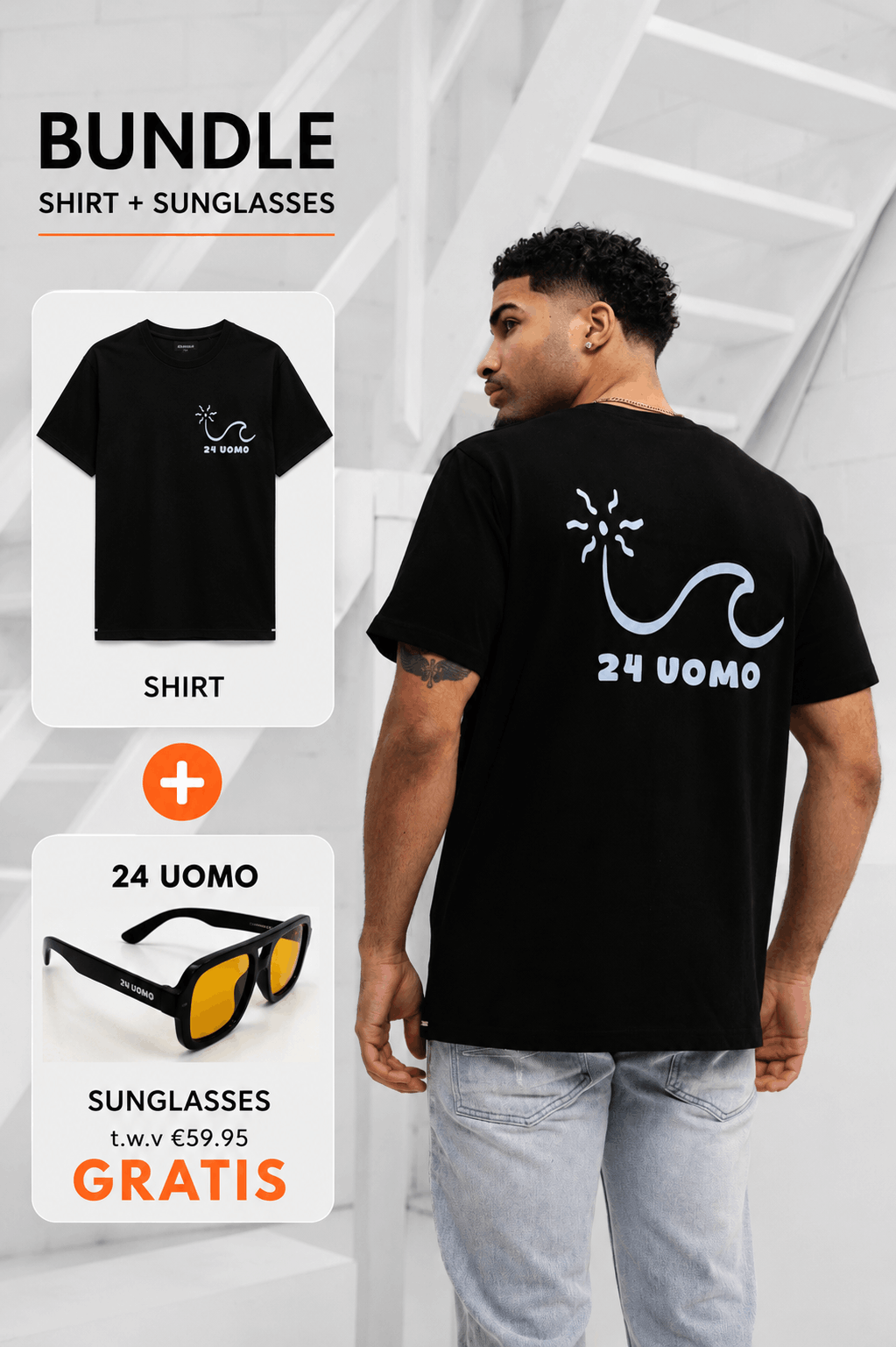 Wave T-shirt Heren Zwart + GRATIS ORANJE ZONNEBRIL