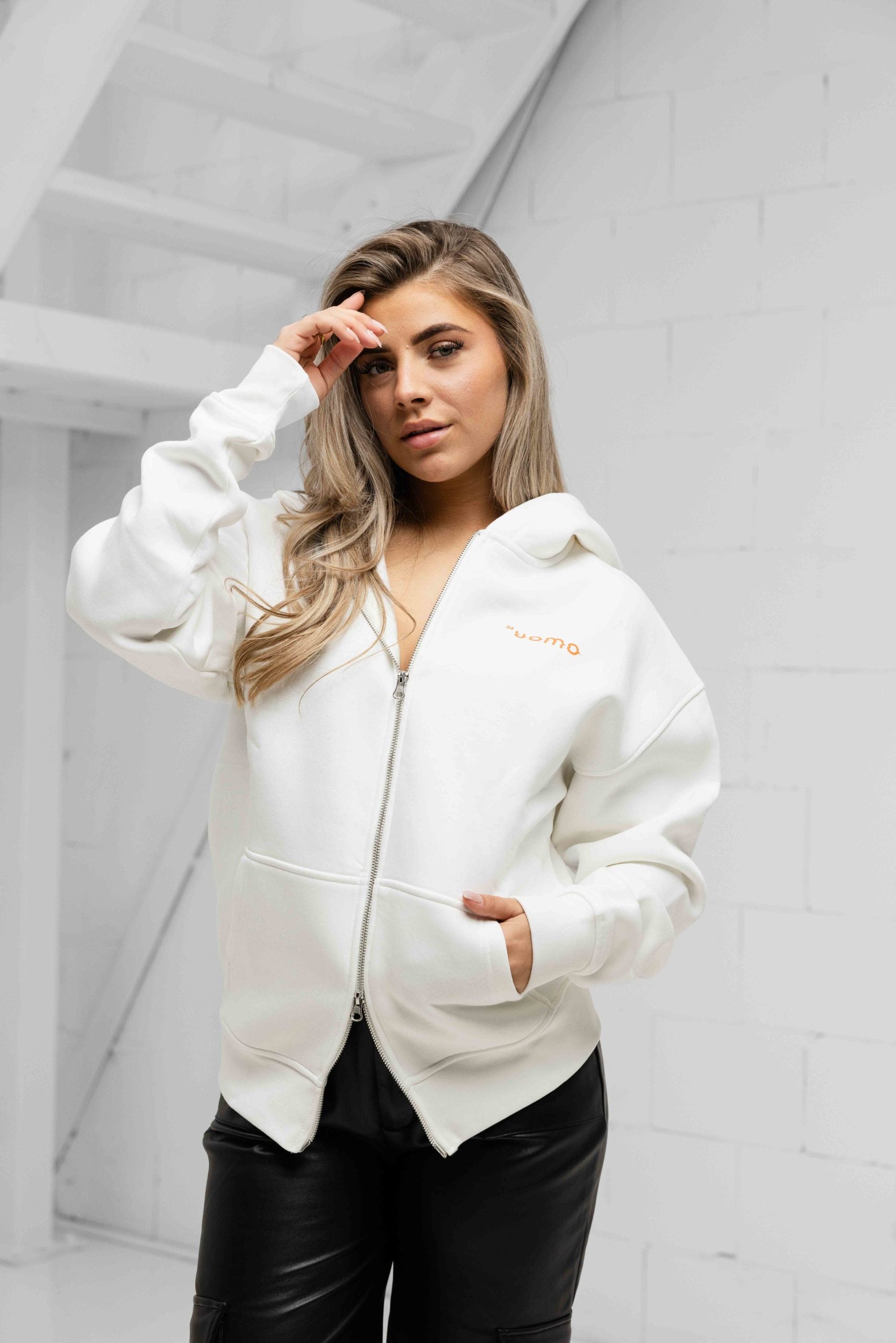 Mirror Zipped Oversized Hoodie Off-White Dames