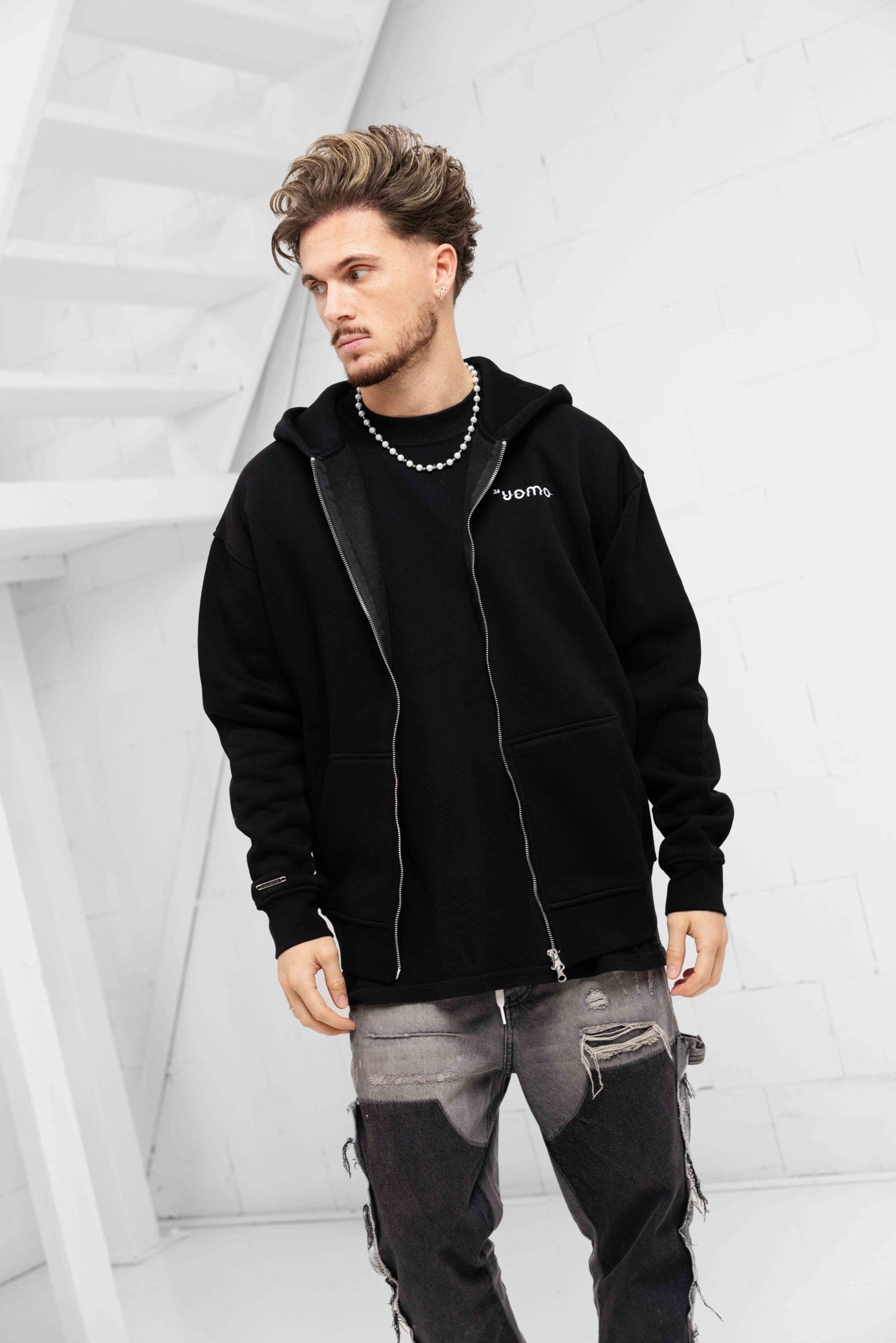 Mirror Zipped Oversized Hoodie Zwart