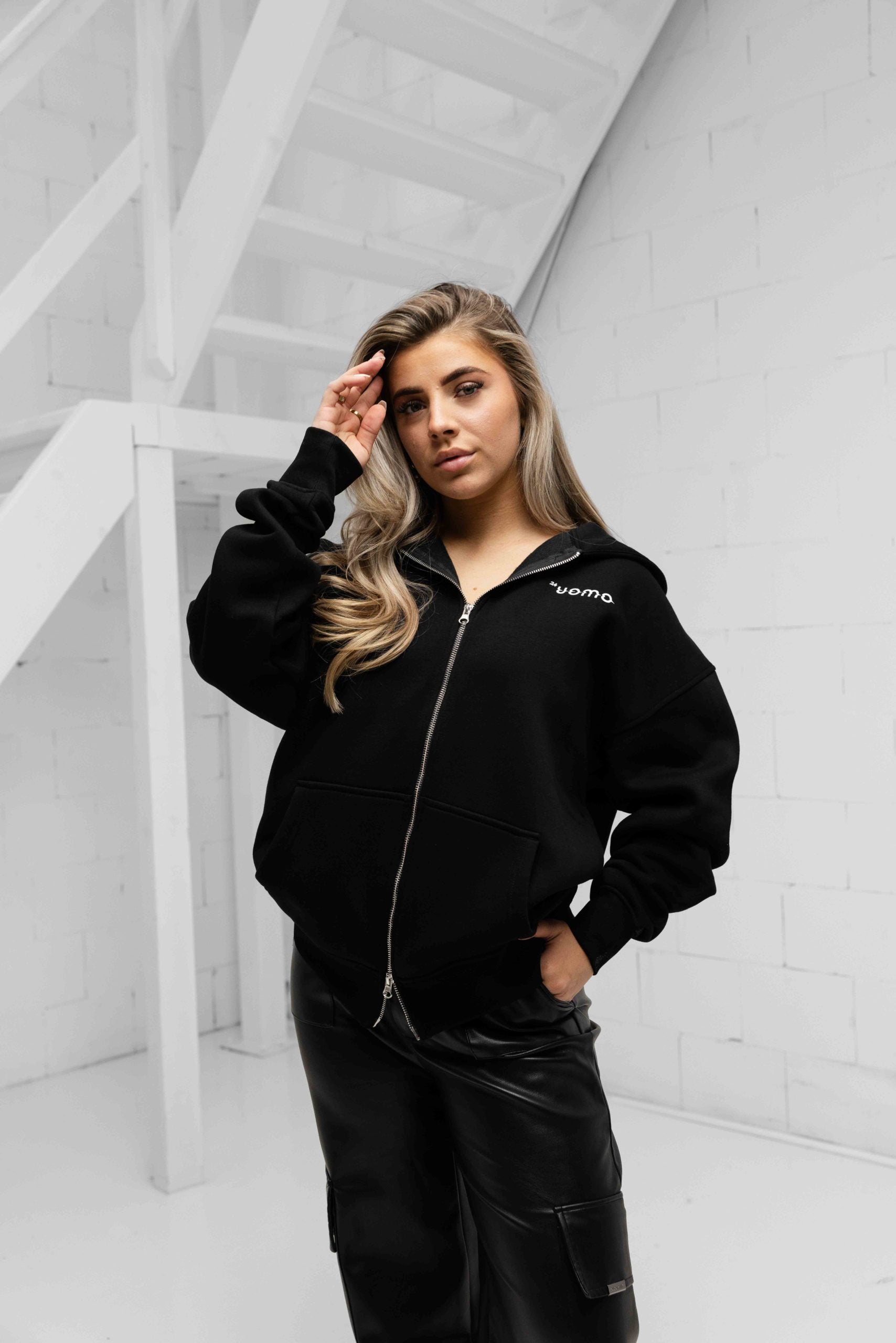 Mirror Zipped Oversized Hoodie Zwart Dames