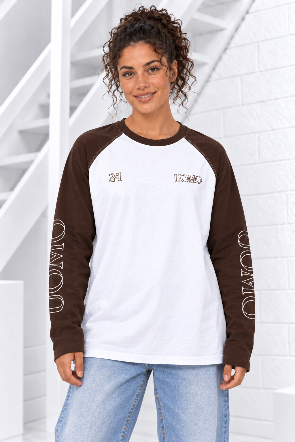 Colorblock Raglan Longsleeve Dames Wit/Bruin Pre-Order 20 Oktober