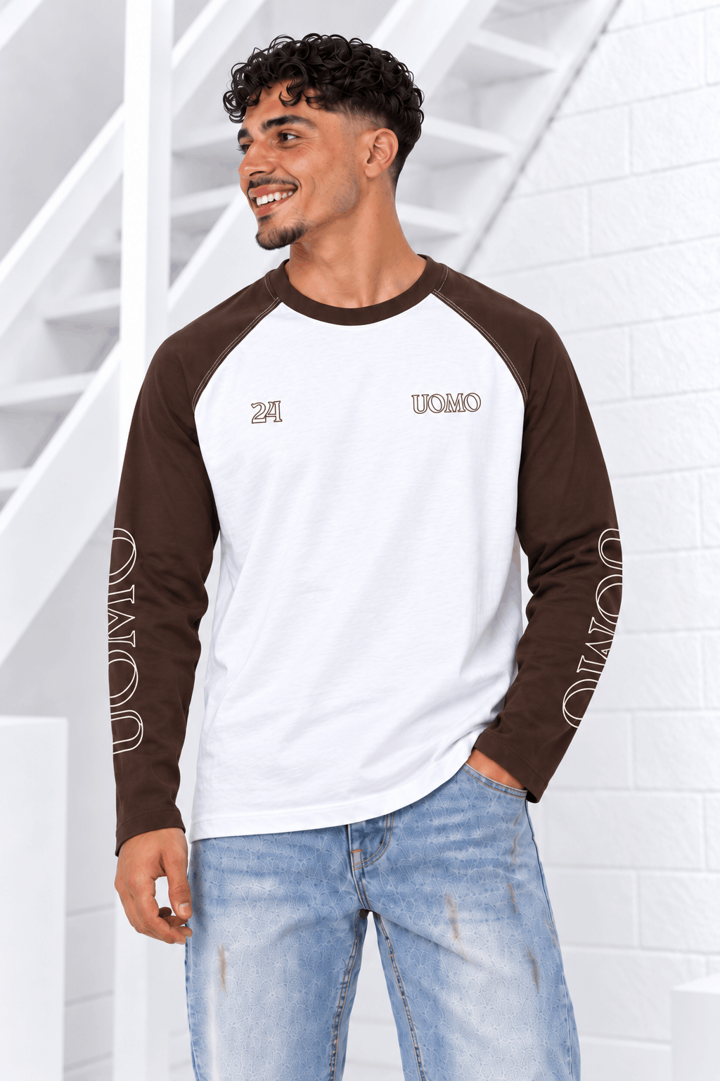 Colorblock Raglan Longsleeve Heren Wit/Bruin Pre-Order 20 Oktober
