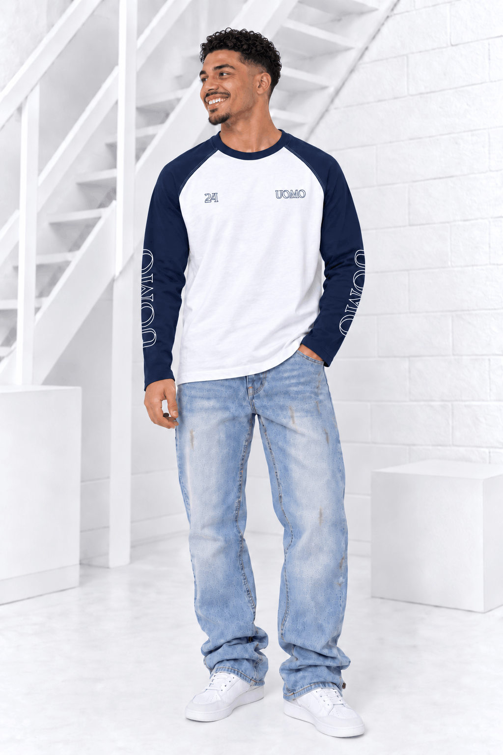 Colorblock Raglan Longsleeve Heren Wit/Donkerblauw Pre-Order 20 Oktober