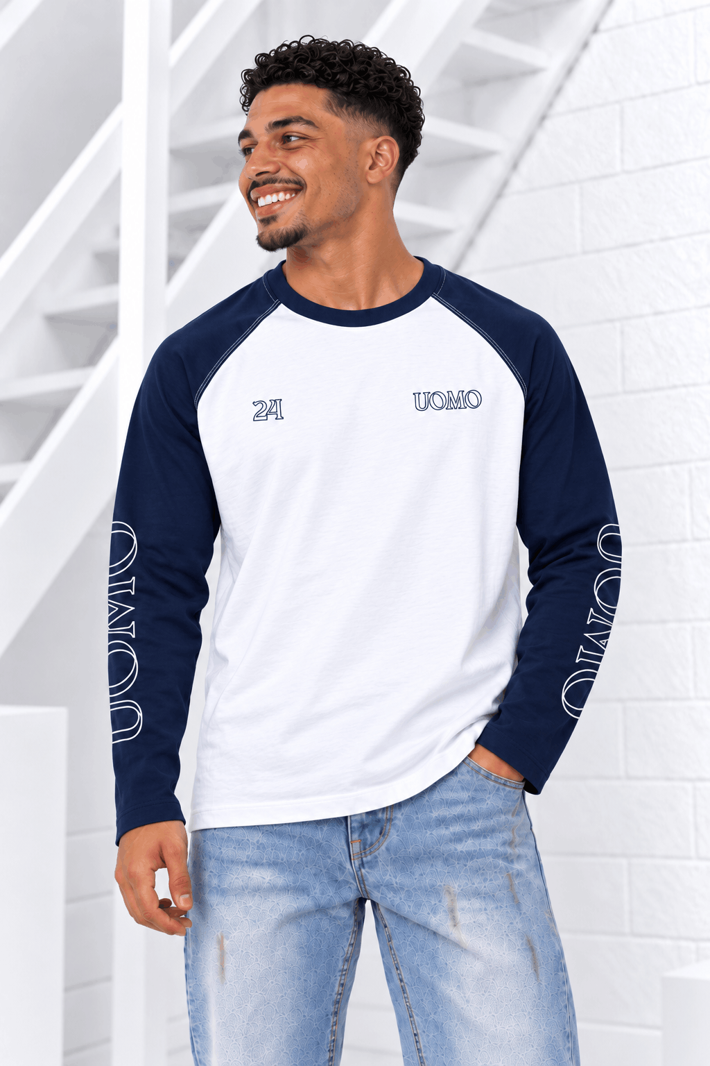 Colorblock Raglan Longsleeve Heren Wit/Donkerblauw Pre-Order 20 Oktober