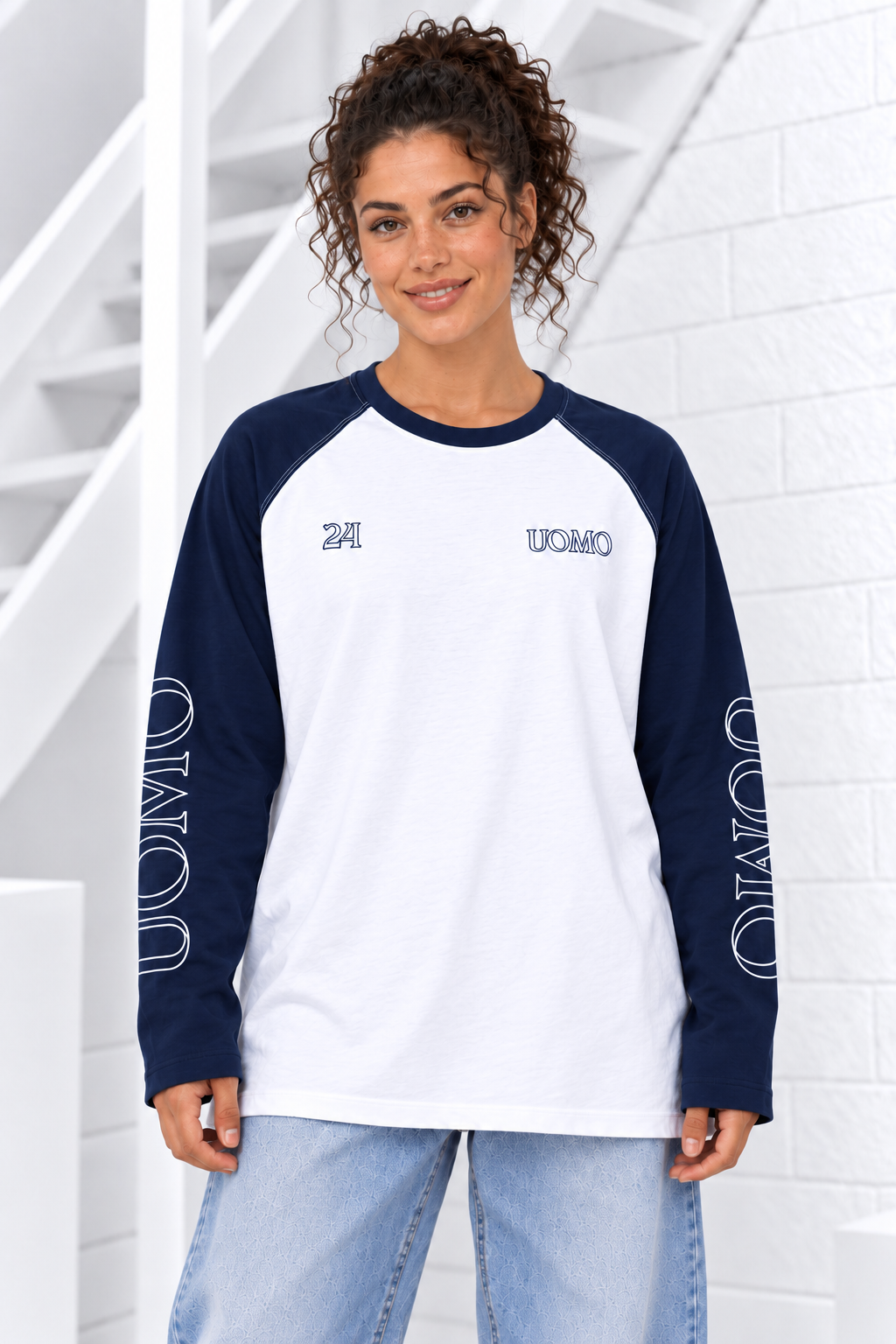 Colorblock Raglan Longsleeve Dames Wit/Donkerblauw Pre-Order 20 Oktober