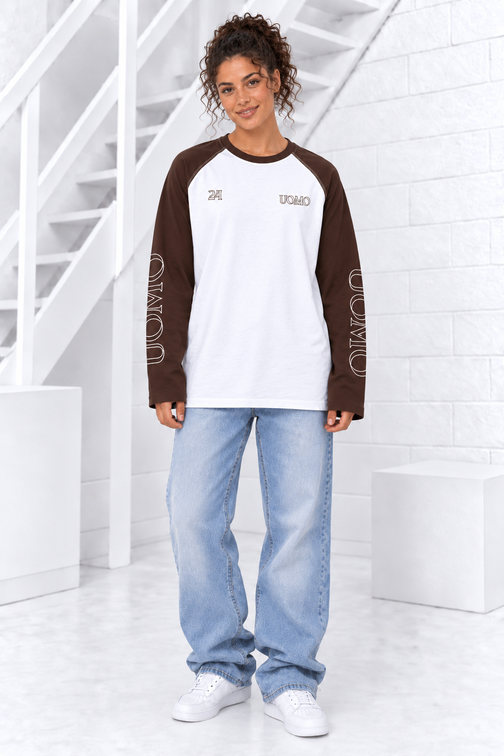 Colorblock Raglan Longsleeve Dames Wit/Bruin Pre-Order 20 Oktober