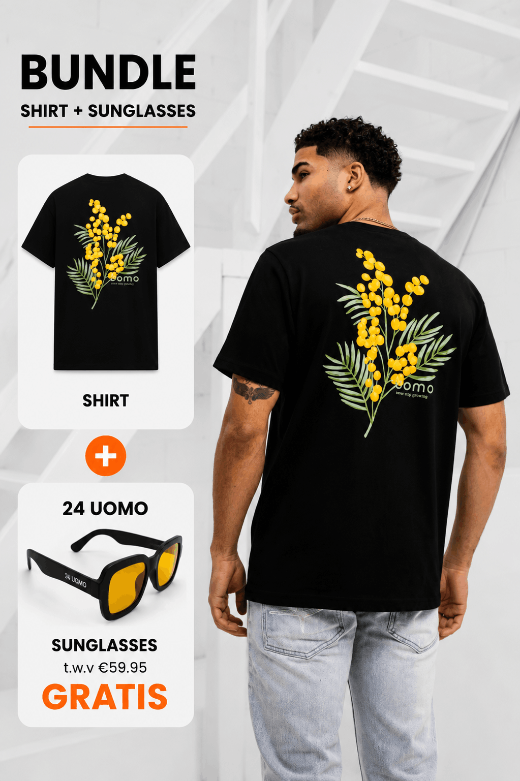 Flower T-shirt Heren Zwart + GRATIS ORANJE ZONNEBRIL
