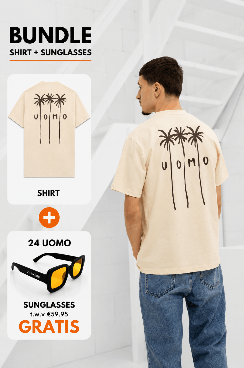 Palm T-shirt Heren Sand + GRATIS ORANJE ZONNEBRIL