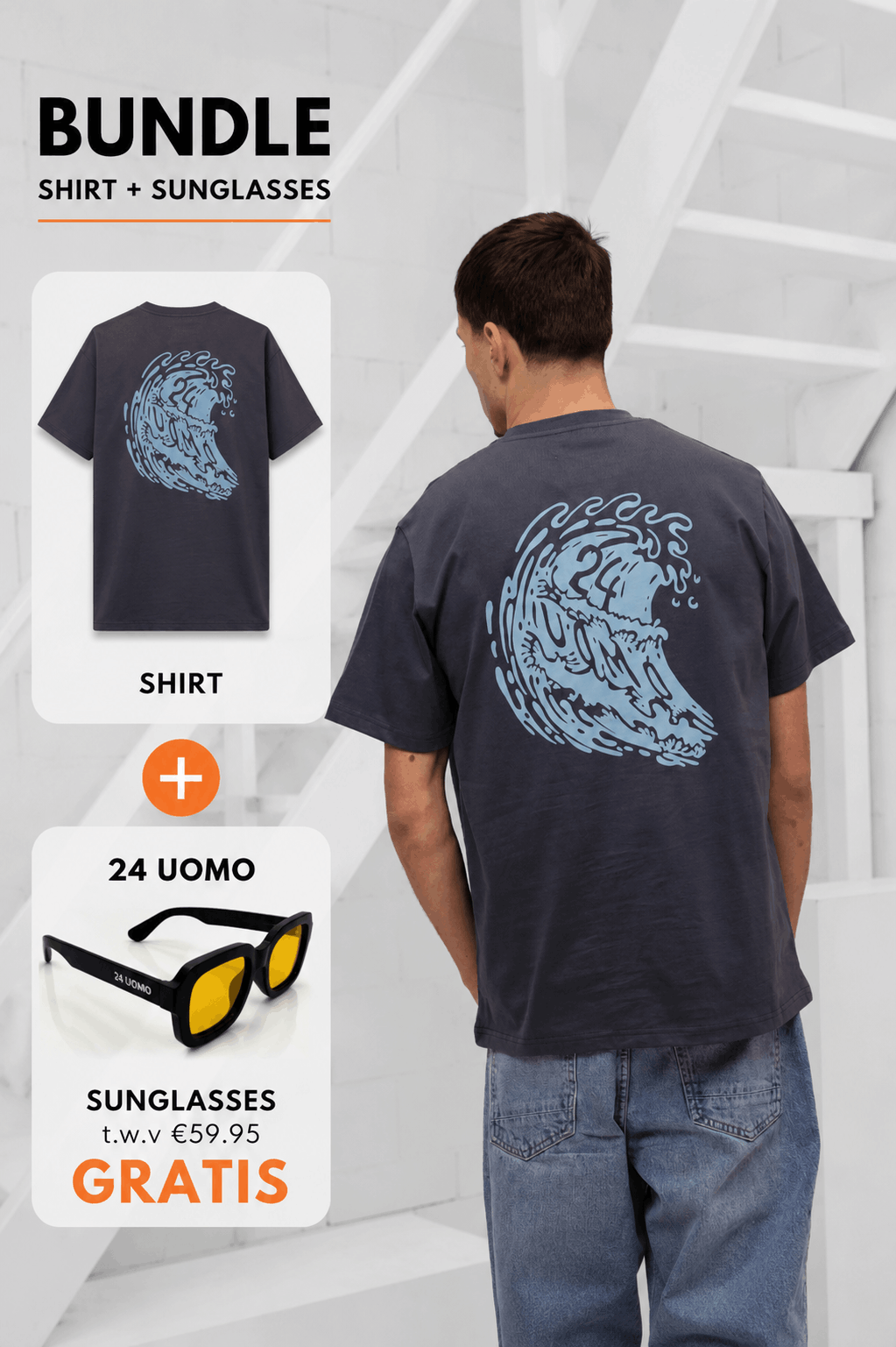 Surf T-shirt Heren Grijs + GRATIS ORANJE ZONNEBRIL
